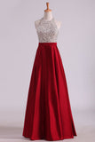 Open Back Halter Prom Dresses Satin With Beading Floor-Length A Line