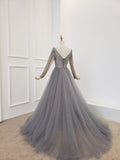 A Line Long Sleeves V Neck Gray Tulle Prom Dresses with Beading, Evening Dress SJS15549