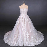 Ball Gown Strapless Wedding Dresses with Lace Applique, Lace Up Bridal Dress SJS15071