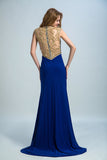 Scoop Neckline Column Beaded Bodice Prom Dresses With Court Train Slit