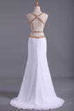 Straps Prom Dresses Open Back Sheath/Column With Golden Beading Chiffon