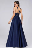 Cold Shoulder Sequin Navy Blue Prom Dresses Backless Satin Long Evening Dresses SJS15132