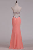 Scalloped Neckline Beaded Bodice Prom Dresses Sheath Chiffon With Slit