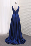 A Line Taffeta Deep V Neck Evening Dresses Sweep Train