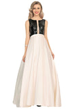 A Line Scoop Satin Prom Dresses With Sequins&Bow Floor Length