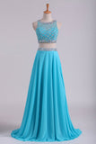 Bateau Two Pieces Prom Dresses A Line Beaded Bodice Open Back Floor Length Chiffon & Tulle