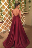 V Neck Open Back Evening Dresses A Line Satin With Sash