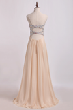 Sweetheart A Line Prom Dresses Chiffon With Slit&Beads Floor Length