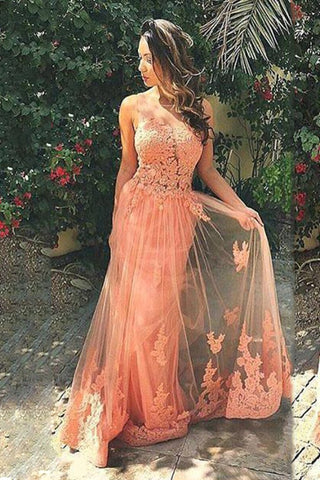 Scoop Mermaid Tulle Prom Dresses With Applique Sweep Train