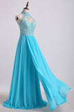 High Neck A Line Prom Dresses With Applique&Beads Chiffon