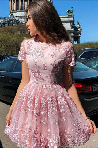 A-Line Short Sleeves Short Homecoming Dress With Lace Appliques