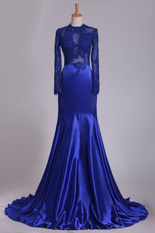 Long Sleeve Evening Dresses Mermaid/Trumpet Elastic Satin With Applique Dark Royal Blue