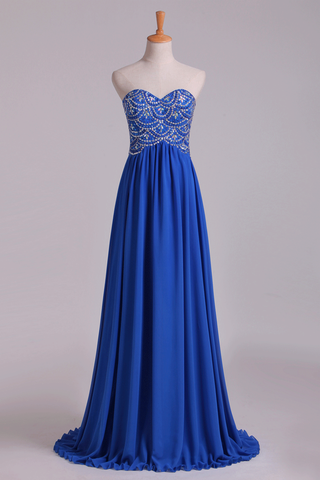 New Arrival Dark Royal Blue Sweetheart Prom Dresses A Line With Beaded Bodice Chiffon