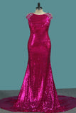 Scoop Mermaid Prom Dresses Sequins With Beading Sweep Train