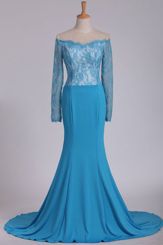 Long Sleeves Mermaid Prom Dresses With Applique Sweep Train Spandex