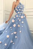 Charming One Shoulder Blue Tulle 3D Flowers Prom Dresses, Long Cheap Dance Dresses SJS15119