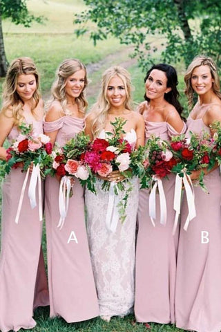 Dusty Pink Chiffon Sheath Off Shoulder Long Bridesmaid Dresses, Wedding Party Dresses SJS15141