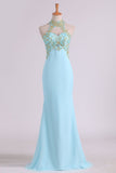 Sheath Open Back High Neck Chiffon With Applique And Beads Prom Dresses