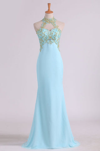 Sheath Open Back High Neck Chiffon With Applique And Beads Prom Dresses