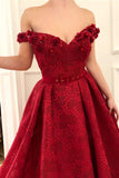 Charming Red Lace Off the Shoulder Prom Dresses, V Neck Handmade Flowers Party Dresses SJS15121