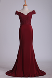 Off The Shoulder Prom Dresses Spandex Burgundy/Maroon Sweep Train With Applique