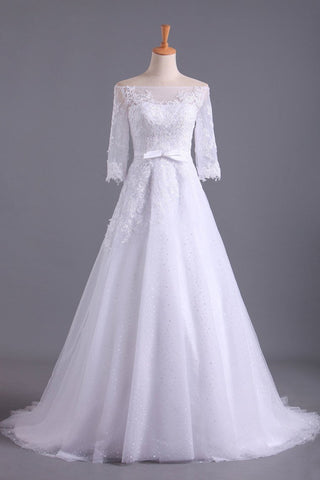 Shiny Wedding Dresses Bateau Half Length Sleeve A Line With Applique