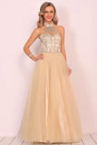 A-Line Halter Prom Dress Floor-Length Tulle With Beads&Rhinestones