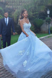 Bateau A Line Prom Dresses Tulle With Applique Sweep Train