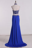 Halter Prom Dresses Beaded Bodice With Slit Sweep Train Spandex