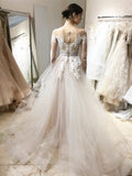 Classic V Neck Long Sleeves Tulle Lace Appliques Ball Gown Wedding Dresses