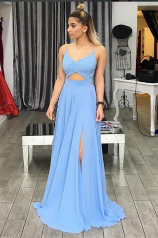 Chiffon Spaghetti Straps A Line Prom Dresses With Slit Open Back