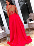 Red Sleeveless A Line Backless Satin Long Prom Dresses