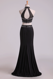 Black Halter Two-Piece Beaded Bodice Mermaid Open Back Prom Dresses Spandex & Tulle Floor Length