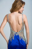 Dark Royal Blue Mermaid Prom Dresses V Neck Beaded Bodice Satin Evening Dresses