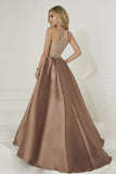 A Line Scoop Satin Prom Dresses With Beads Sweep Train