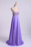 Romantic Prom Dresses A Line One Shoulder With Beadings Tulle And Chiffon Sweep Train