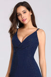 Sexy V Neck Long Spaghetti Straps Mermaid Navy Blue Prom Dresses with High Split SJS15366