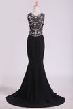 Black Prom Dresses Scoop Neckline Mermaid Chiffon With Beads And Slit