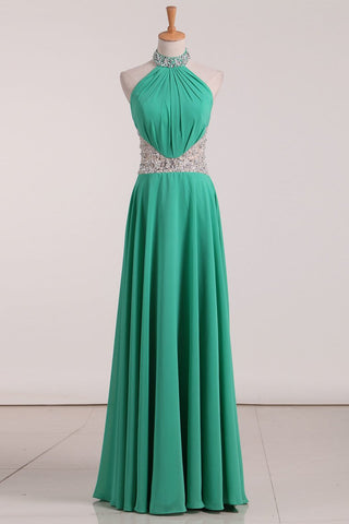 A Line Halter With Beading Chiffon Sweep Train Prom Dresses