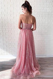 A Line Pink Sequins Strapless Sweetheart Prom Dresses, Sleeveless Party Dresses SJS15014