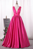 V Neck Satin Prom Dresses With Ruffles Bodice A Line