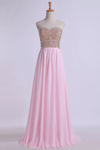 New Arrival Prom Gown A-Line Sweetheart Sweep/Brush Chiffon With Beading&Rhinestone