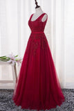 New Arrival V Neck Tulle With Applique And Sash A Line Prom Dresses