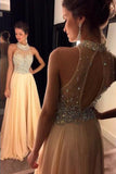 High Neck Prom Dresses A Line Chiffon With Beading Sweep Train