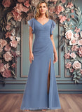 Neveah A-line V-Neck Floor-Length Chiffon Bridesmaid Dress With Ruffle JLP0025729