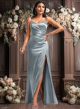 Paityn A-line V-Neck Floor-Length Stretch Satin Bridesmaid Dress JLP0025728