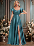 Reyna A-line V-Neck Floor-Length Stretch Satin Bridesmaid Dress With Ruffle JLP0025780