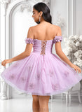 Cadence Ball-Gown/Princess Off the Shoulder Short Tulle Homecoming Dress With Pleated Flower JLP0025668