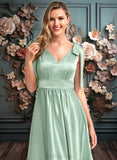 Aileen A-line V-Neck Floor-Length Stretch Satin Bridesmaid Dress With Bow JLP0025737