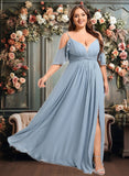 Yvonne A-line Cold Shoulder Floor-Length Chiffon Bridesmaid Dress With Ruffle JLP0025797